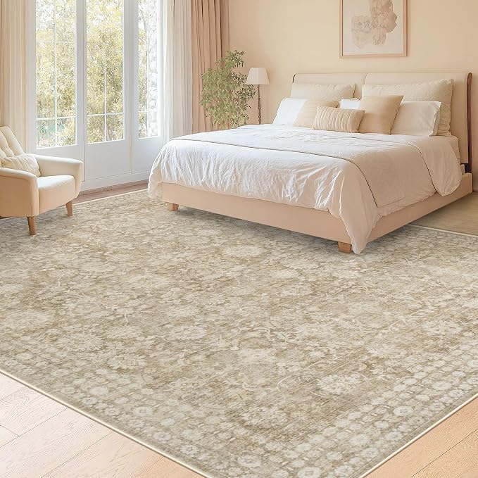 8x10 Area Rugs for Living Room: Washable Large Vintage Floral Rug Low Pile Non-Slip Boho Carpet for Bedroom Home Office Dining Room (Brown, 8'x10')
