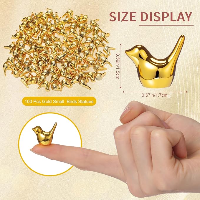 Sieral 100 Pcs Golden Mini Bird Figurines Miniature Resin Bird Statues Small Animal Statues Fairy Garden Accessories for Micro Garden Landscape Dollhouse Cake Potted Plants DIY Craft, 0.59 x 0.67 Inch