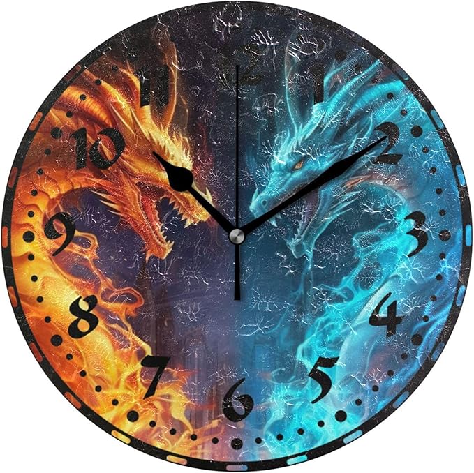 Fire and Ice Dragon Wall Clock, Silent Non Ticking 10 Inch Battery Operated Wall Clocks, Easy to Read Clock for Home Kitchen Living Room Bathroom Office Decor