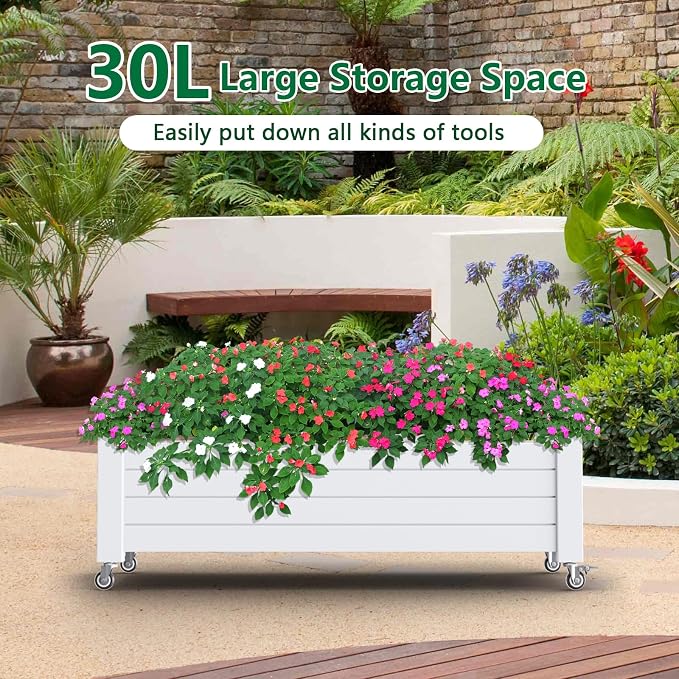Vixzen Raised Garden Bed with Wheels Outdoor,Resin Weatherproof Planter Box with Drain Hole and Water Level Detector,for Planting Plants Vegetables(Ashen, 43.31 * 17.72 * 17.56)