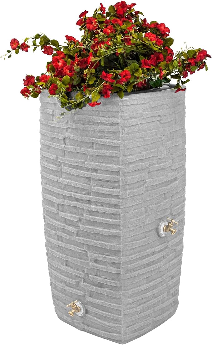 Good Ideas Impressions Riverwalk 50 Gallon Faux Slate Surface Dual Spigot Rain Barrel with 2 Brass Spigots and Screen, Light Granite (3 Pack)