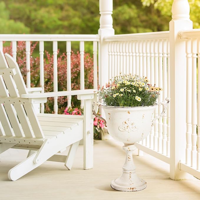 Worth Garden 21" H. Metal Urn Planters 2-Pack - White Classic Antique Iron Plant Pots - Decorative Rustic Flower Pots for Outdoor Use - Traditional Urn Planter for Garden, Patio, Front Porch