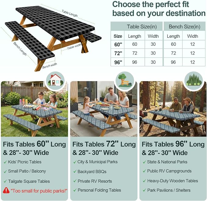 Play Tailor Picnic Table Cover with Bench Covers Camping Essentials Waterproof Windproof Camping Tablecloth with Drawstring Bag, Fitted Rectangle Tables and Seats, 96in, Black Checkered
