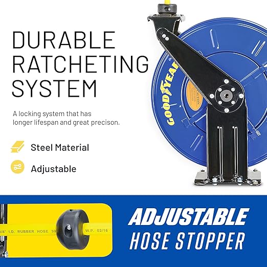 GOODYEAR Air Hose Reel Retractable 3/8" Inch x 50' Feet Long Premium Commercial SBR Hose Max 300 Psi Reinforced Steel Construction Heavy Duty Spring Driven Industrial Dual Arm & Pedestal