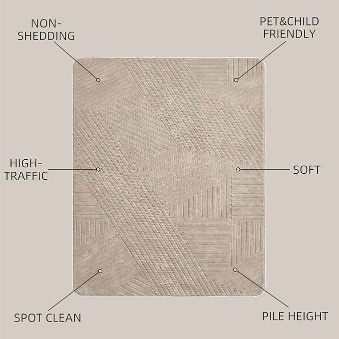 Brown 8x10 Solid Color Area Rug, Washable Rugs for Living Room | Soft Plush Thick High-Low Pile Carpet, Fluffy, Non-Slip Modern Geometric Rugs for Bedroom, Kids Room, Nursery, Home Office