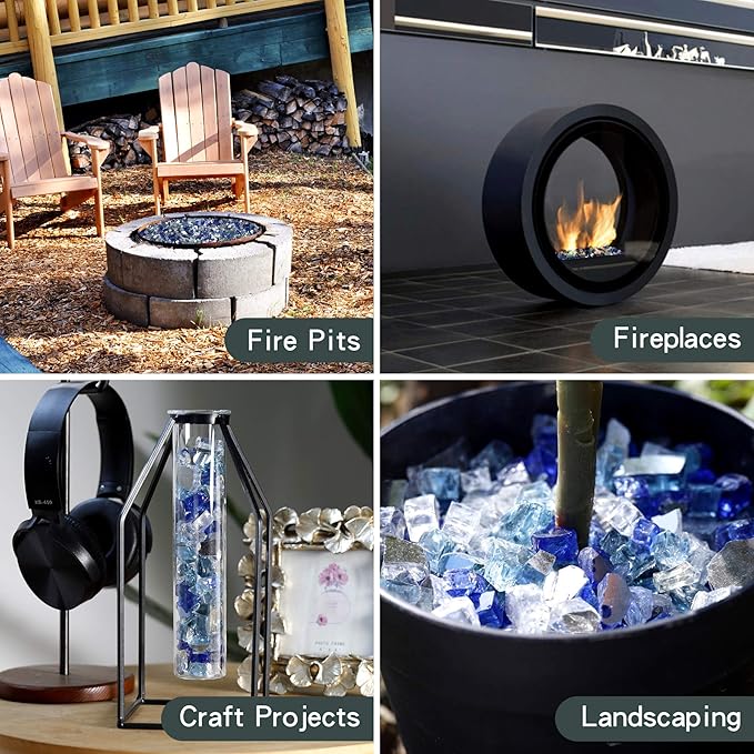 Onlyfire 10 Pounds Blended Reflective Fire Glass for Fire Pit Fireplace and Landscaping, 1/2 Inch Mixed Colored High Luster Fireglass Rocks for Outdoor and Indoor Use - Aqua Blue+Platinum+Cobalt Blue
