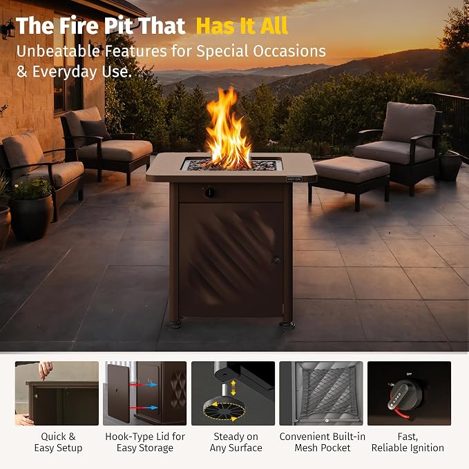 East Oak 28” Outdoor Propane Fire Pit Table | 52,000 BTU Gas Fire Pit for 2-4 People with Space-Saving Hock Lid, Mesh Pocket & Lava Rocks | CSA Certified Safe for Patio, Deck, Backyard, Brown