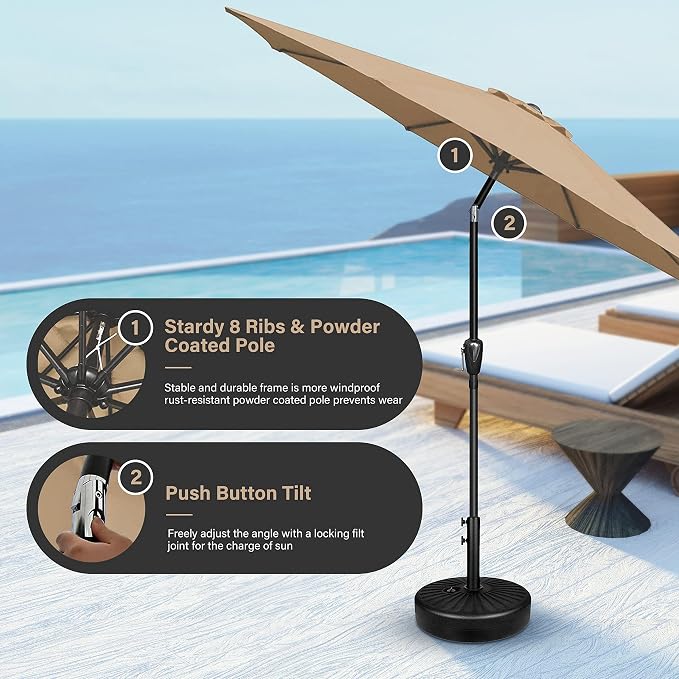 Simple Deluxe 2 Pack 9FT Outdoor Patio Umbrella Table Market Umbrella with Push Button Tilt and Crank, 8 Sturdy Ribs, UV Protection Waterproof for Garden, Lawn, Deck, Backyard, Pool,Tan