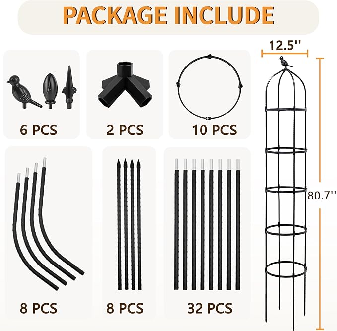 2 Pack Garden Obelisk Trellis for Climbing Plants Outdoor, 6.7FT Adjustable Metal Plant Support with 3 Decorative Tops, Black Rustproof Trellis for Roses, Tomatoes, Clematis & Vines