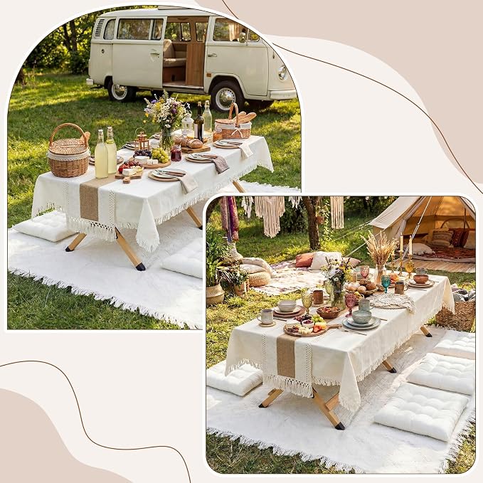 Novabright Picnic Kit Folding Picnic Table Extra Large Outdoor Boho Blanket Beige Table Runner Floor Pillow Covers Woven Cotton Oversize Washable for Camp Wedding(Cream White,Floor Cushions,10 Pcs)