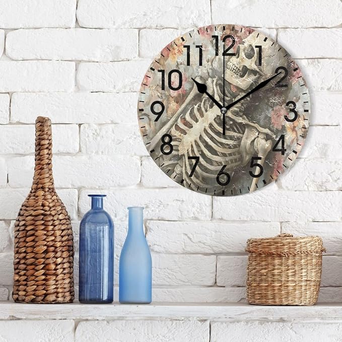 ALAZA Home Decor Watercolor Sugar Skull Rose Blossom Round Acrylic 9.84 Inch Wall Clock Non Ticking Silent Clock Art for Living Room Kitchen Bedroom