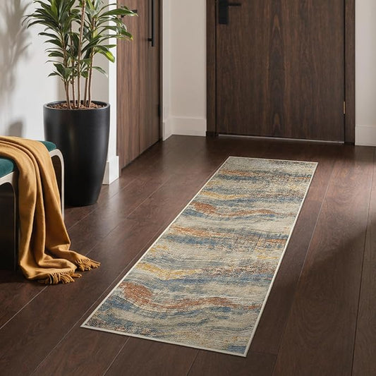 BEIMO 2'6''X7 Non Slip Runner Rugs for Hallway, Wave Abstract Taupe Glod | Soft Machine Washable Modern Runners,Streaks Ocean Pattern Indoor Marble Brown Carpet for Kitchen Laundry Bedroom Bathroom