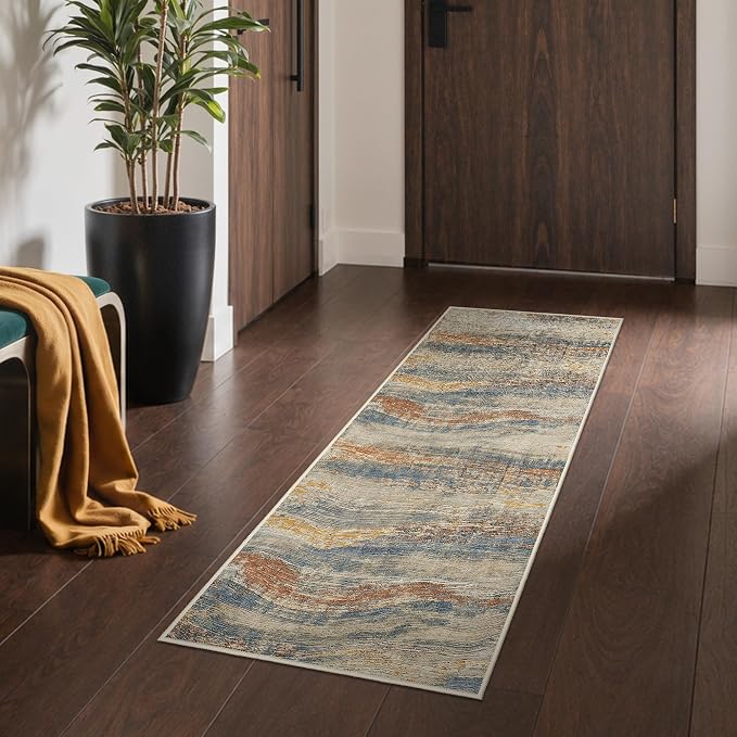 BEIMO 2x5 Non Slip Runner Rugs for Hallway, Wave Abstract Taupe Glod | Soft Machine Washable Modern Runners,Streaks Ocean Pattern Indoor Marble Brown Carpet for Kitchen Laundry Bedroom Bathroom
