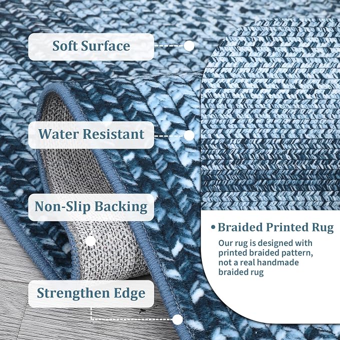 RUGSREAL 10x13 Large Living Room Rug Washable Braided Print Bedroom Rugs | Throw Carpet Farmhouse Rustic Dining Room Non Slip Geometric Bordered Carpet for Home Decor Office, Blue