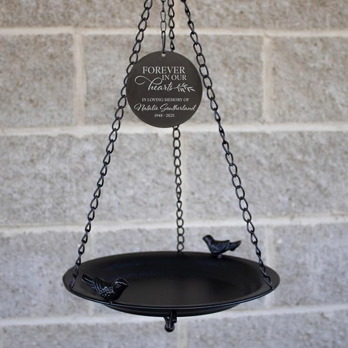 Personalized Memorial Bird Bath, Forever in Our Hearts Outdoor Home and Garden Decor, Custom Memorial Gifts, Hanging Sympathy Birdbath, in Memory of Bereavement Bird Bath Gift