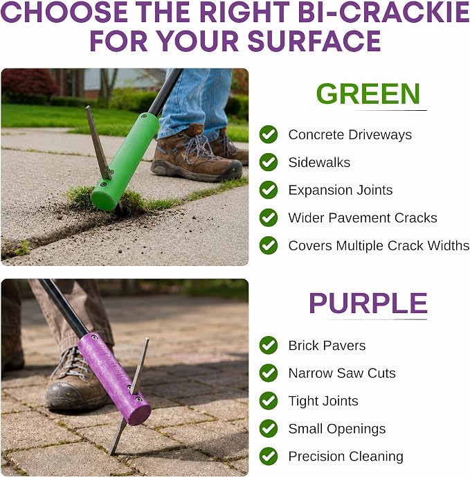 BICRACKIE Stand-Up Paver Crack Weeding Tool with 60" Steel Pole; Steel Blade with 2-Sized, 5" Tapered Ends for Patios, Driveways (Saw-Cut), Sidewalks, Pavers to Remove Weeds Easily; Made in USA