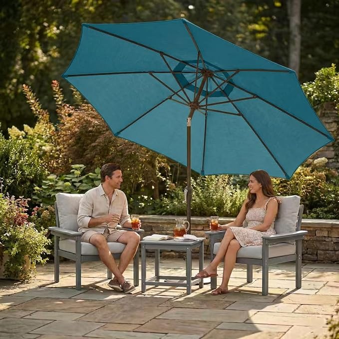 Kingdura 10FT Outdoor Patio Umbrella, Round Market Table Umbrella with Push‑Button Tilt and Crank Lift, 8 Sturdy Metal Ribs, UV50+ Protection Canopy for Backyard, Lawn, Deck, Poolside, Garden (Lake blue)