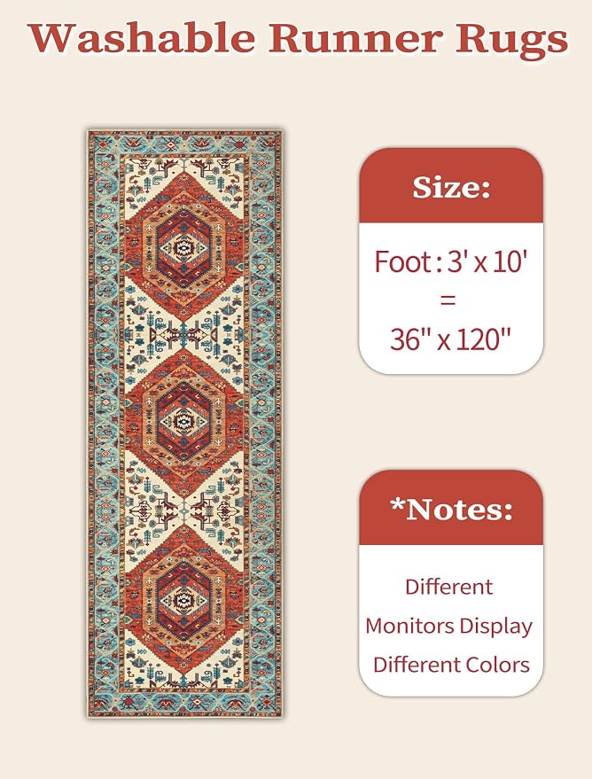 SERISSA 3x10 Washable Non Slip Boho Runner Rug for Hallway，Orange | Ultra Soft Vintage Oriental Carpet Low-Pile Tribal Floor Carpet for Stair Kitchen Bedroom Bathroom Laundry Room