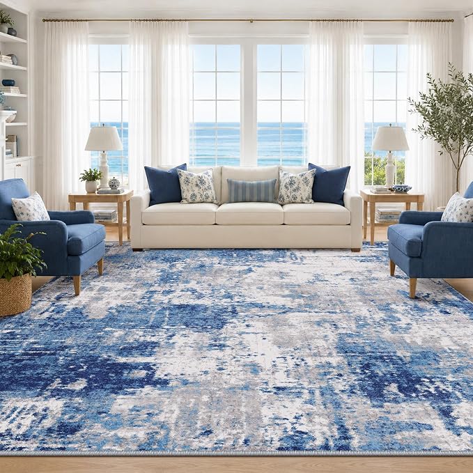RELEANY Washable 10'x12' Abstract Area Rug for Living Room Blue Gray | Carpet for Bedroom, Kitchen, Office, Hallway and Entryway, Printed Pattern, Non‑Slip, Soft, Stain‑Resistant, Easy to Clean