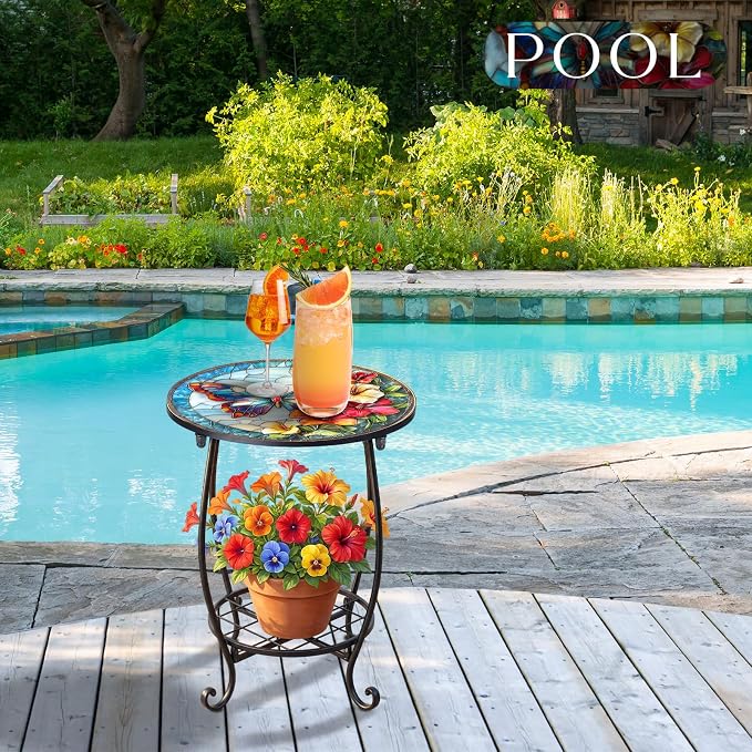 Cinnvoice Outdoor Side Table Round Small Mosaic Patio Accent Indoor End Plant Coffee Tea Table for Yard Patio Porch Garden Living Room, Bedroom(Butterfly C Style,14 Inch)