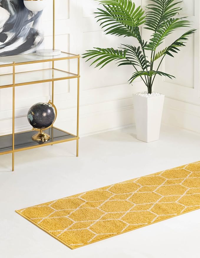 Unique Loom Trellis Frieze Collection Area Rug - Geometric (2' x 10' Runner, Yellow/ Ivory)