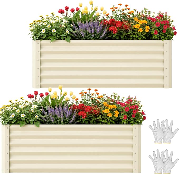 YITAHOME 2pcs 6x3x2ft Galvanized Raised Garden Bed, Metal Planter Box with Safety Rubber, Gloves, Outdoor Flower Bed for Planting Plants Vegetables, Cream Yellow