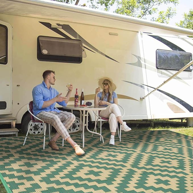 Outdoor Patio Plastic Straw Rug - 8x10 ft Outdoor Camping Rug Waterproof Reversible, Area Carpet Patios RV, Outside Porch Balcony Deck for Camper, Green & Yellow