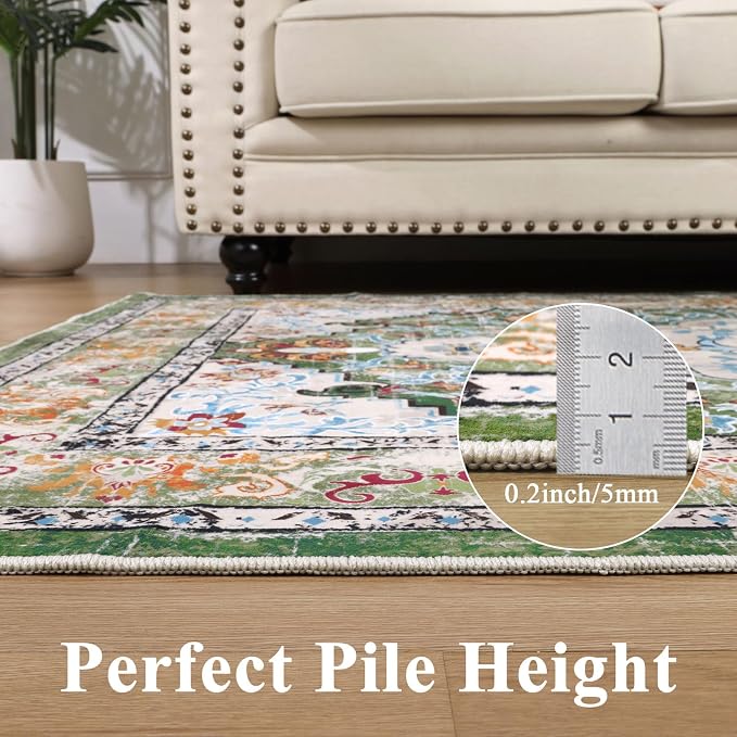 U'Artlines Boho Vintage Area Rug 8x10 Machine Washable Carpet, Green | Low Pile, Non Slip, Ultra-Thin Soft Floor Carpet, Accent Rug for Living Room Bedroom Dining Room Office