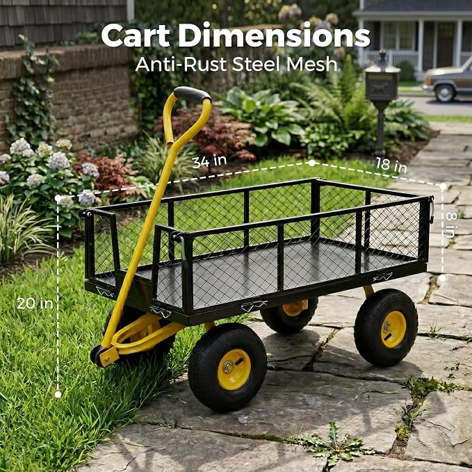 SUNNYFEEL Heavy Duty Garden Cart, 500 LBS Capacity Metal Mesh Utility Wagon with 10" Flat-Free Wheels, Removable Sides, 180 Adjustable Handle, All Terrain Yard Cart for Gardening, Firewood