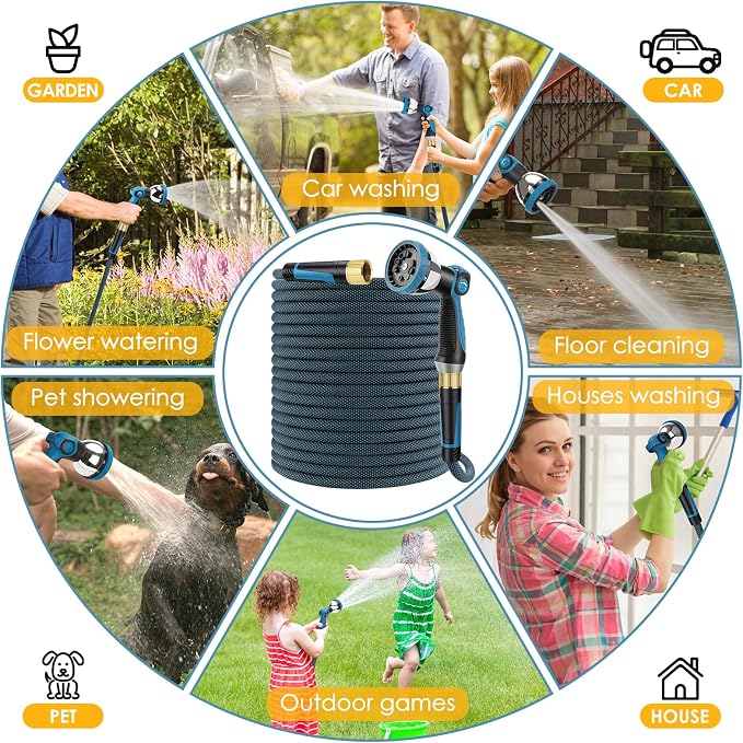 Non-Expandable Garden Hose 25 FT, Lightweight Hose with 10 Function Spray Nozzle, Kink-Free Flexible Water Hose, Durable, Leak-Proof, 360° Swivel Connectors, Portable Storage Strap