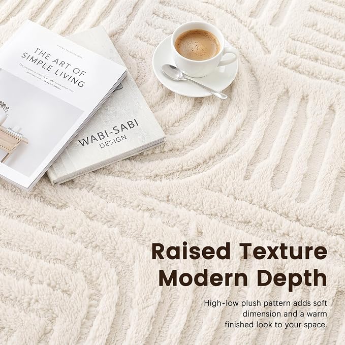 Etwel 5.2 ft Beige Geometric Textured High-Low Pile Washable Round Rug | Modern Soft Carpet, Non-Slip PVC Backing, Low Profile, Kid and Pet Friendly, for Living Room, Bedroom, Dining Room, Nursery