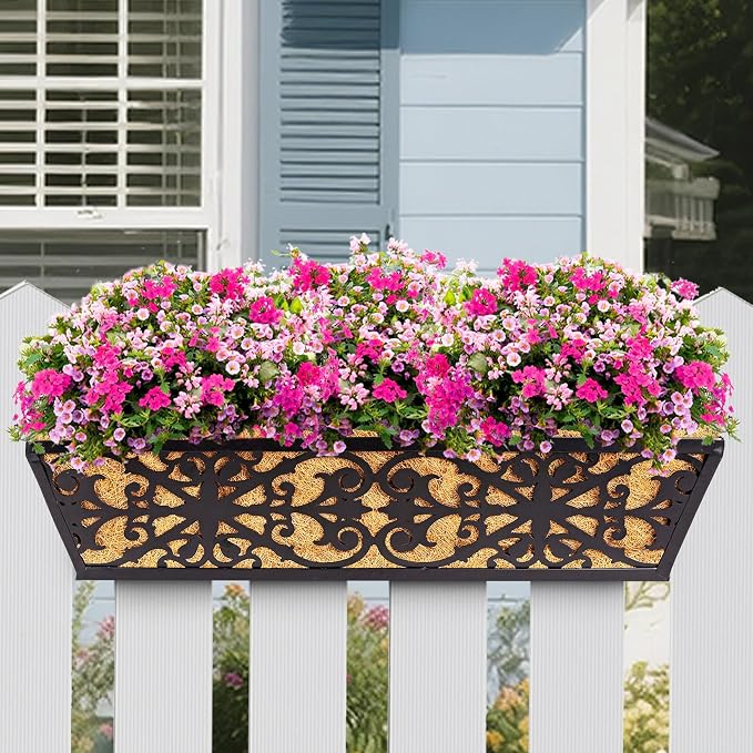 4 Pack 24 Inch Window Boxes Planters Railing Planter Box with Adjustable Brackets & Coco Liners Fabric Plant Grow Bags Deck Railing Planter Boxes Balcony Hanging Flower Box for Outdoor Plants
