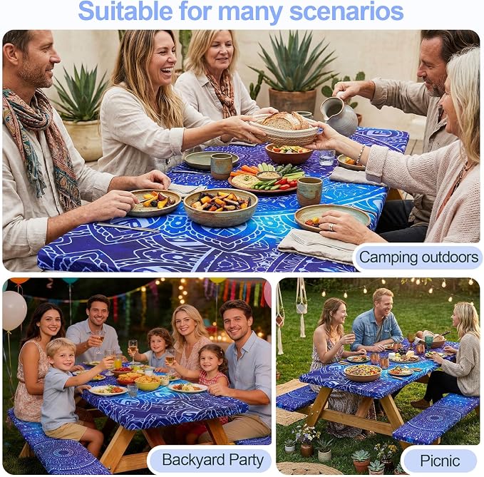 Picnic Table Cover with Bench Covers Camping Essentials Waterproof Windproof Camping Tablecloth with Drawstring Bag, Fitted Rectangle Tables and Seats, 72in, Blue Purple