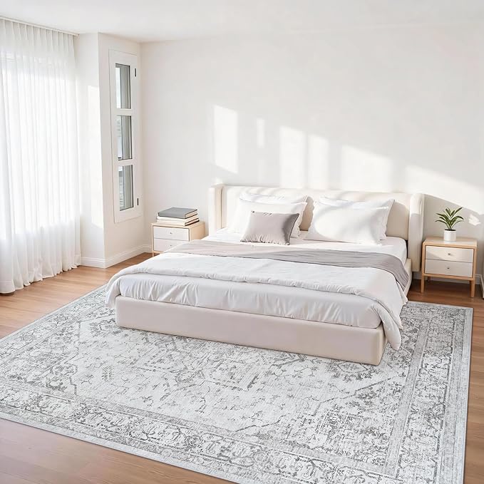 Area Rug 6x9 Living Room Rug Washable Grey Non-Slip Rugs | Vintage Medallion Rug，Soft Low Pile Large Rugs，Indoor Retro Carpet for Bedroom Nursery Dining Table Farmhouse Home Office