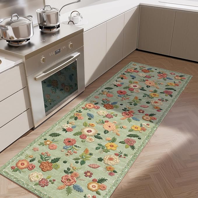 Washable Runner Rug Non Slip: 2x6 Kitchen Rug Low Pile Soft Faux Wool Non Shedding Lightweight Distressed Vintage Floral Floor Carpet Runners for Hallways Entryway Bedroom Laundry Farmhouse Office
