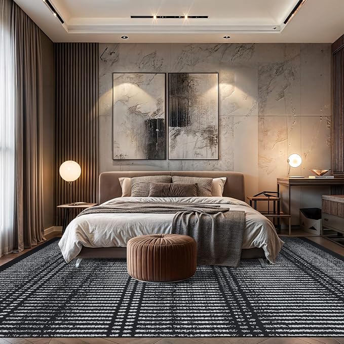 Rugshop Contemporary Stripe Lines High Traffic Area Rug Black 7'10" x 10' | Rectangular, Size 7'10" x 10', Living Room, Bedroom, Dining Room, Home Office, Kitchen, Entryway, Hallway, Nursery, Kids Room