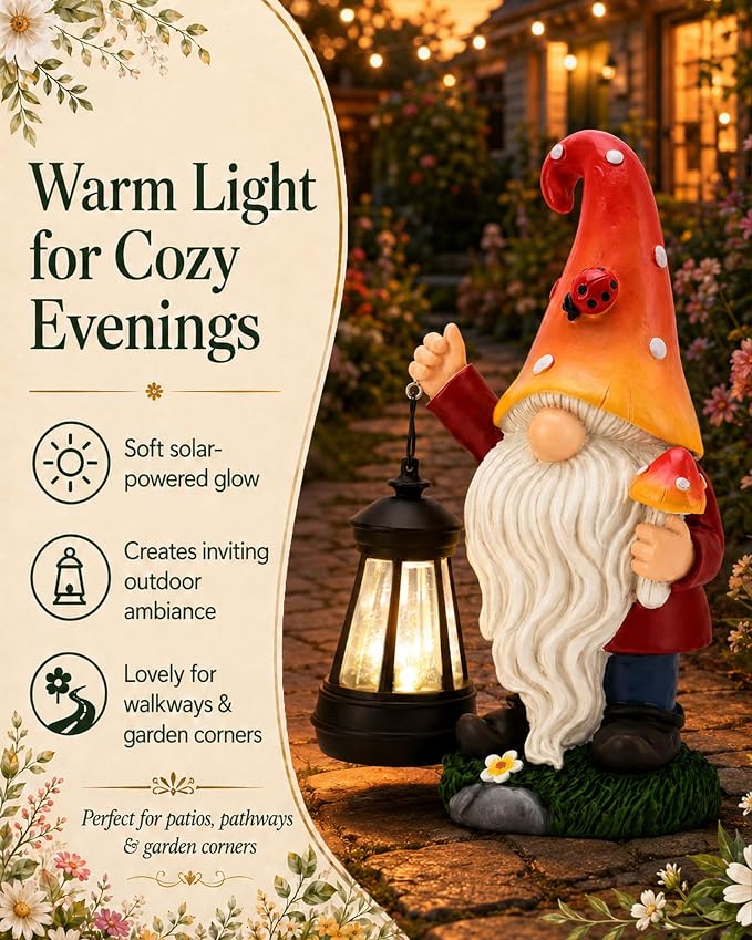 Solar Mushroom Gnome Garden Decor: Outdoor Sculpture with Lantern | IP65 Weatherproof for Yard Balcony Porch Lawn Birthday Gifts for Mom Women Grandma
