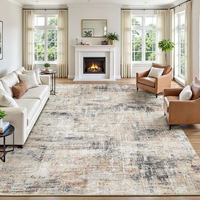 8x10 Area Rug for Living Room, Abstract Washable Non-Slip Large Rugs, Gold | Soft Neutral Carpet for Bedroom, Dining Room, Home Office Nursery Indoor, Stain Resistant, Low Pile, Foldable Modern Rug