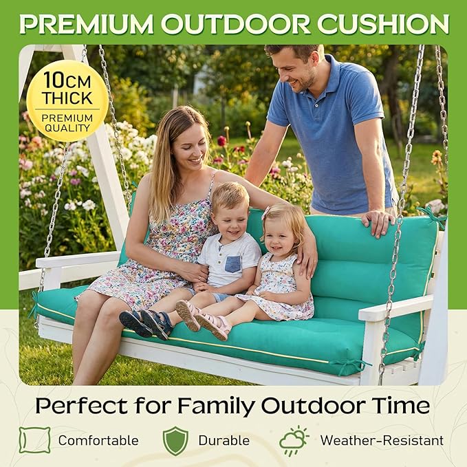 60×40 INCH Outdoor Swing Cushion with Backrest, Tie Straps & Memory Foam - Replacement for Porch Bench 2/3 Seater, Oxford Fabric (Aqua Blue, 60 INCH × 40 INCH)