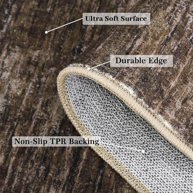 GarveeHome Bedroom Rugs 10x13 Washable Rug for Living Room Modern Solid Color Non Slip Non Shedding Area Rug Stain Resistant Low Pile Foldable Thin Mats for Dining Room, Office, Nursery, Brown