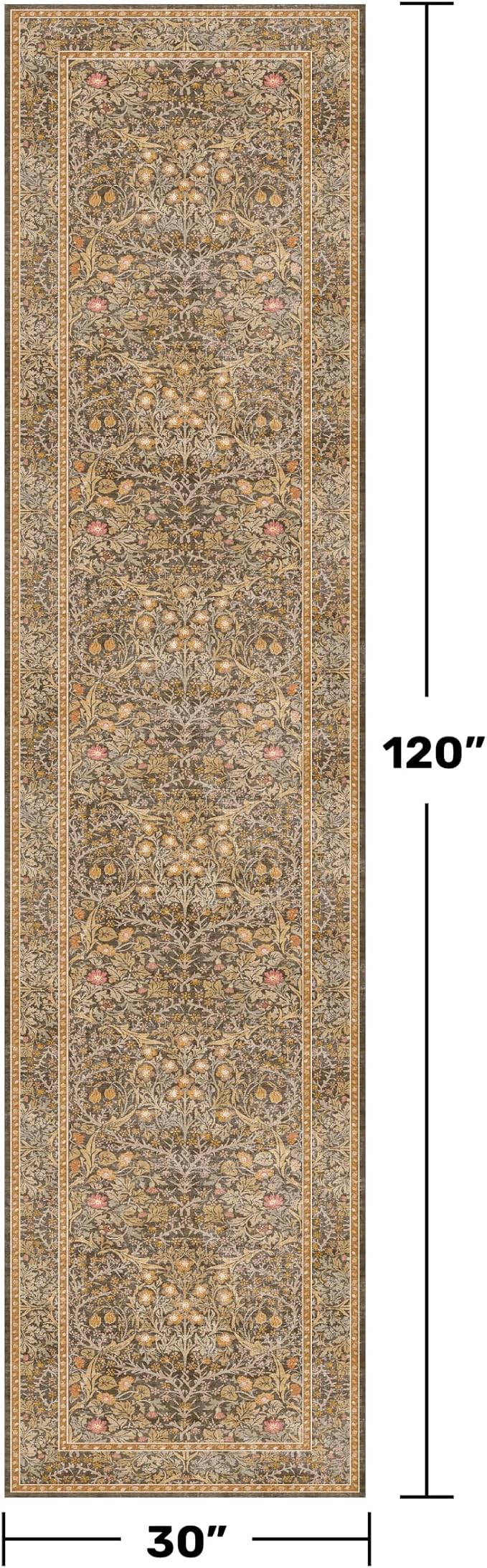 Brown 2'6" x 10' Hallway Runner Rug Non Slip - Washable Kitchen Rug Stain Resistant, 10ft Extra Long Thin Entryway Indoor Mats, Soft Boho Vintage Gold Brown Floral Indoor Carpet Runner Décor Low Pile