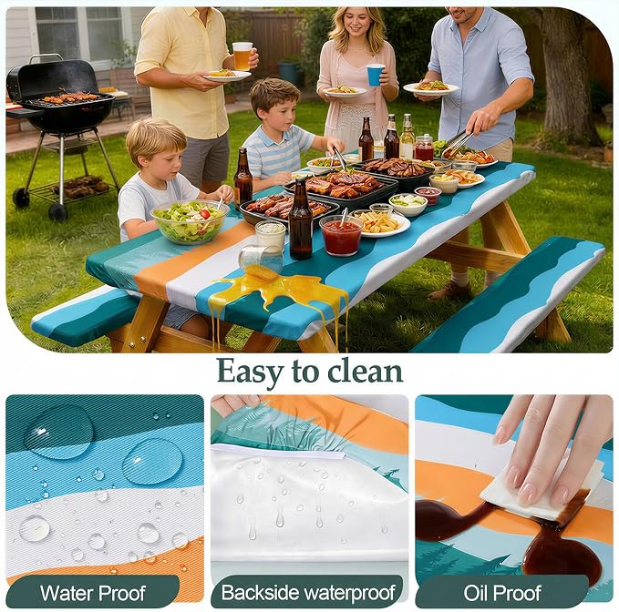 Picnic Table Cover with Bench Covers Camping Essentials Waterproof Windproof Camping Tablecloth with Drawstring Bag, Fitted Rectangle Tables and Seats, 96in, Orange Blue