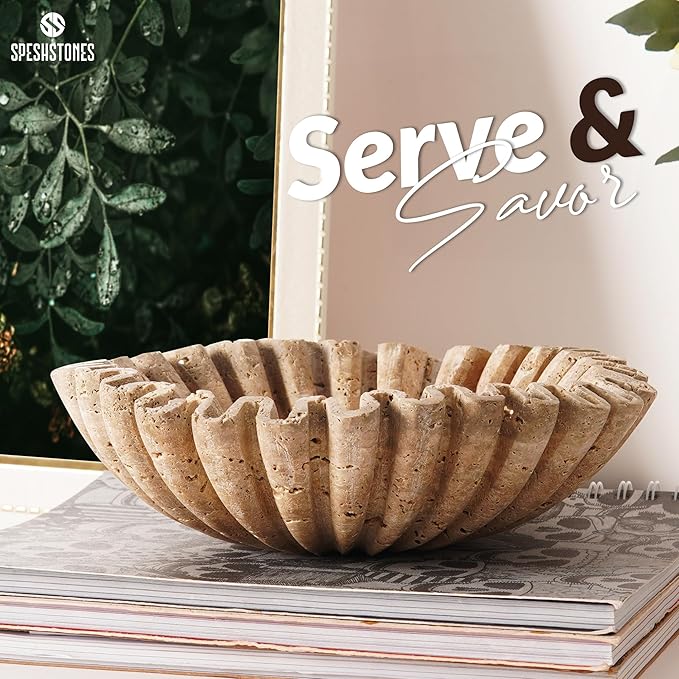 Marble Large Decorative Bowl Handmade 10 Inch Travertine Ruffle Bowl, Scalloped Bowls for Home Decor, Modern Fruit Bowl for Kitchen Counter, Stone Fluted Bowl for Housewarming Gifts