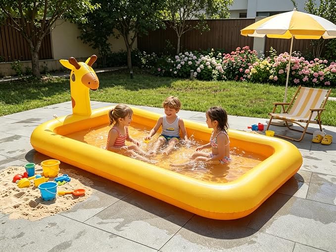 4-in-1 Inflatable Giraffe Kids Pool, 5.5FT Heavy-Duty Toddler Wading Pool, Sprinkler Splash Pad, Ball Pit, Outdoor Party Serving Bar Ice Cooler for Ages 1-3, Small Dogs