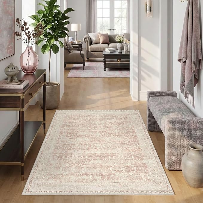 Latte&Fog Pink Rugs for Girls Bedroom, Vintage Washable 4x6 Area Rug | for Living Room Dining Kitchen Kids Playroom Nursery Classroom Dorm Farmhouse Office, Non Slip Low Pile Soft Floral Carpet