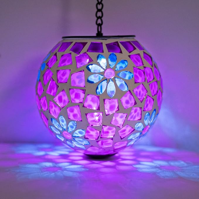 Mosaic Solar Lantern Outdoor Waterproof Glass Hanging Solar Lights, Purple | Solar Hanging Lantern IP44 Waterproof Mosaic Gazing Ball with White LED Lights, Metal Hanging Chain, Outdoor Pathway Decor