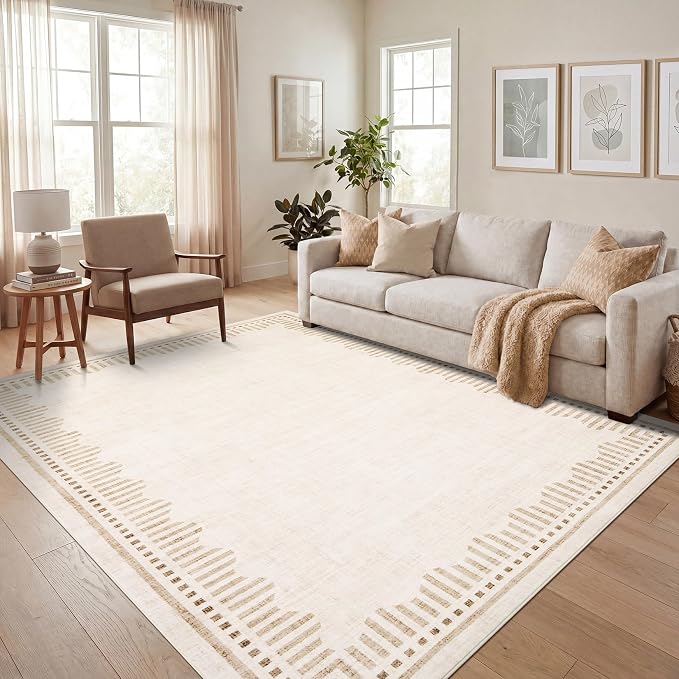 Garvee Large Bedroom 5x7 Washable Area Rugs Non Slip Beige Scalloped Rugs | Neutral Solid Color Low Pile Stain Resistant Living Room Dining Room Throw Carpet Modern Geometric Nursery Office Carpet