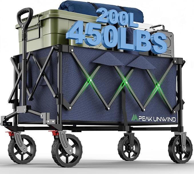 Wagons Carts Foldable,Collapsible Wagon with Wheels,450LBS Heavy Duty Beach Wagon Cart,Lightweight Portable Folding Utility Wagon Cart with Cup Holders for Camping, Garden, Sports, Grocery pcs (Blue)