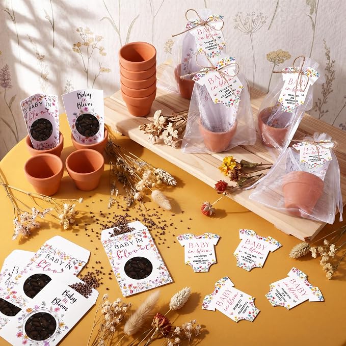 Reallnaive Baby Shower Party Favors Baby in Bloom Envelopes Seed Packets Include Mini Terracotta Pots Seed Packets Self Adhesive Envelopes Thank You Tags Gift for Party(24 Pcs, Wildflower Clothes)