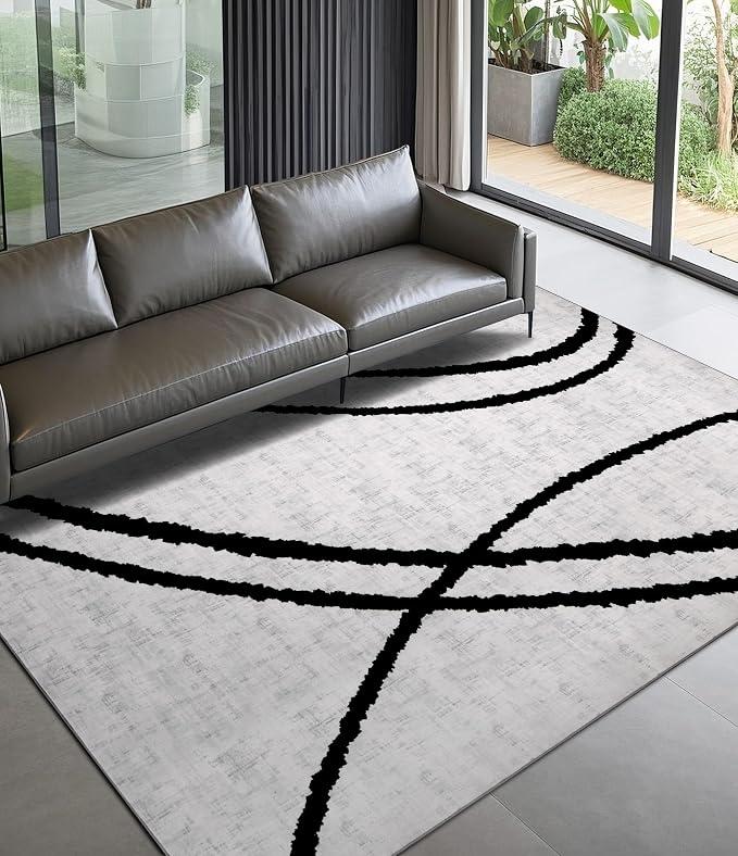 Modern Area Rugs for Bedroom,5x7 Washable Black and White Rug, Thin Abstract Geometric Minimalist Striped Rug, Black Rugs for Bedroom,Kitchen,Dining Room Office